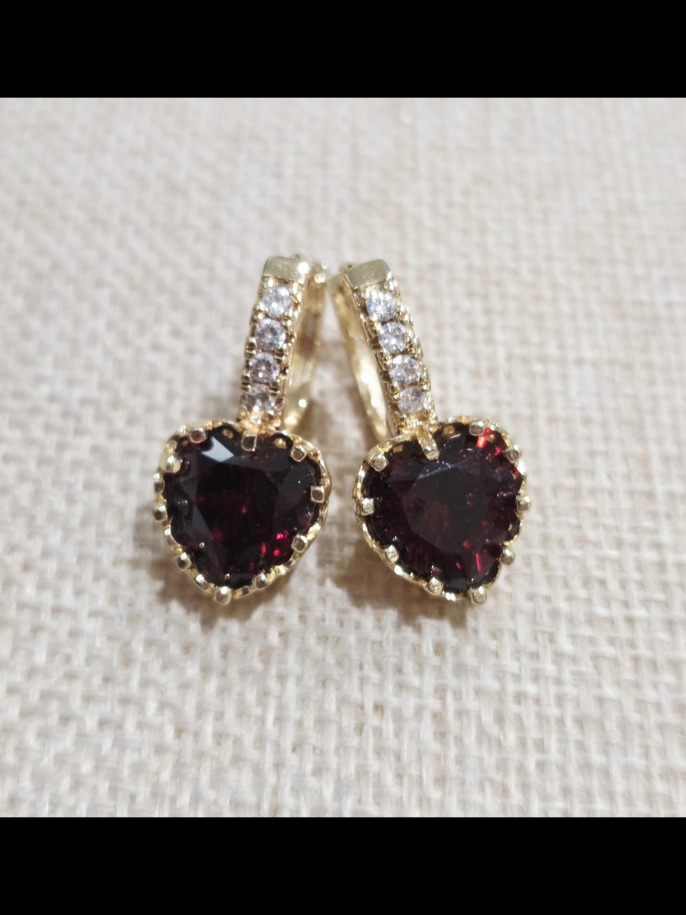 Gold Heart Garnet Huggie Hoop Drop Earrings - Deep Red